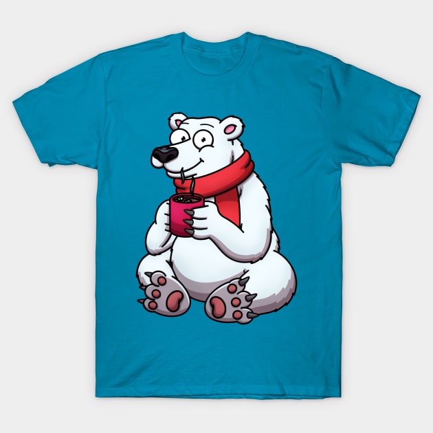 Cute Polar Bear In Red Scarf Drinking Hot Chocolate T-Shirt by TheMaskedTooner